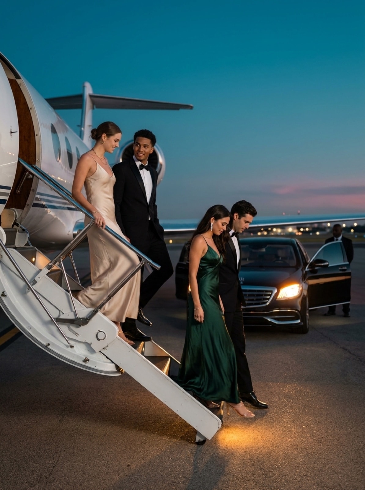 Couple élégant en tenue de soirée dans un jet privé
