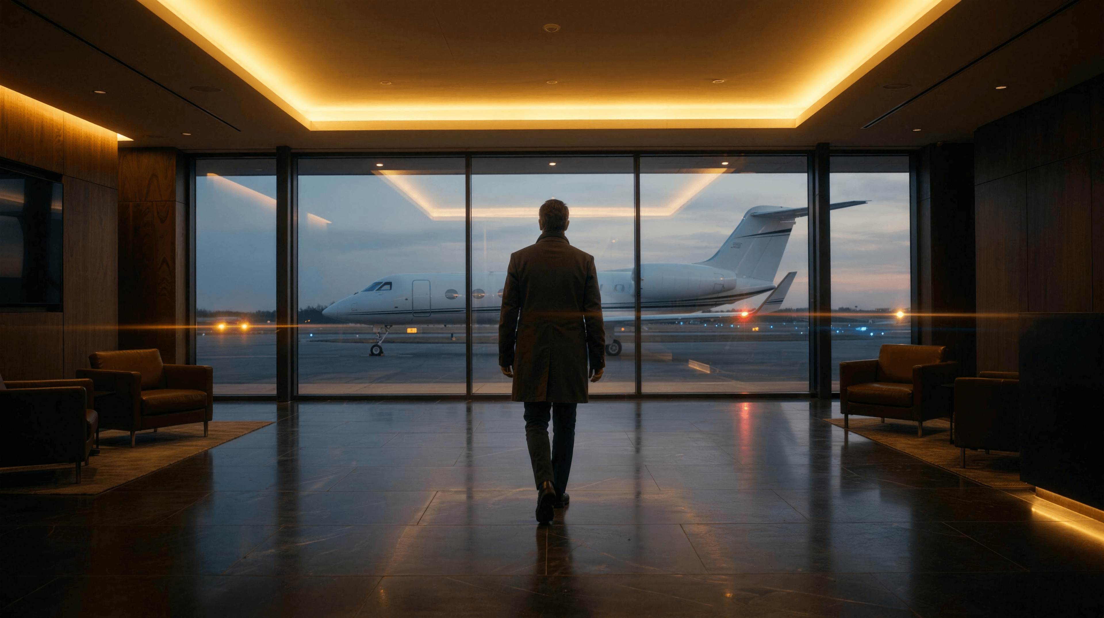 Person walking through private FBO terminal toward jet