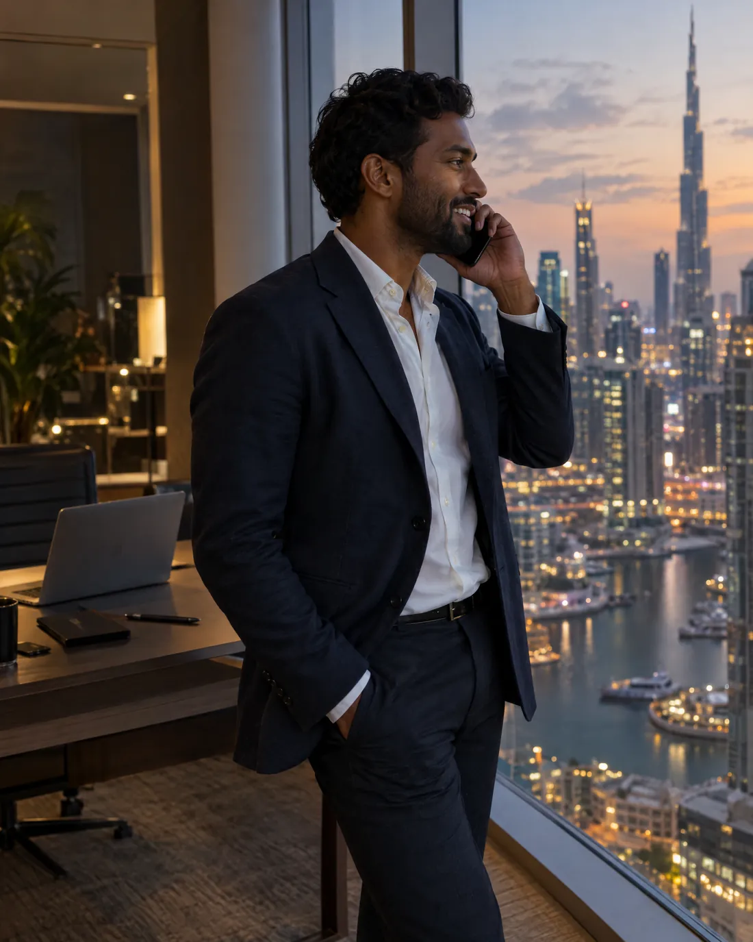 Un courtier charter au téléphone près d’une fenêtre de bureau surplombant Dubaï